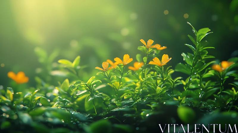 Yellow wildflowers with dew in dense green foliage at sunrise.