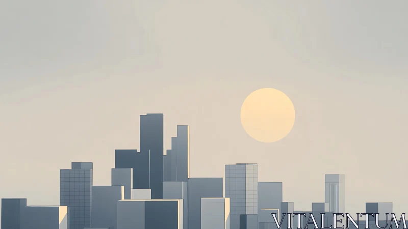 Minimalist city skyline under soft pastel sun glow.