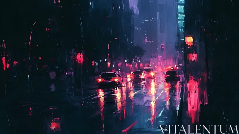 Nocturnal city street with wet roadway and car tail lights.