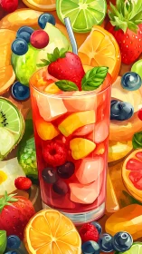 Digital painting of layered fruit cocktail with vibrant garnish.