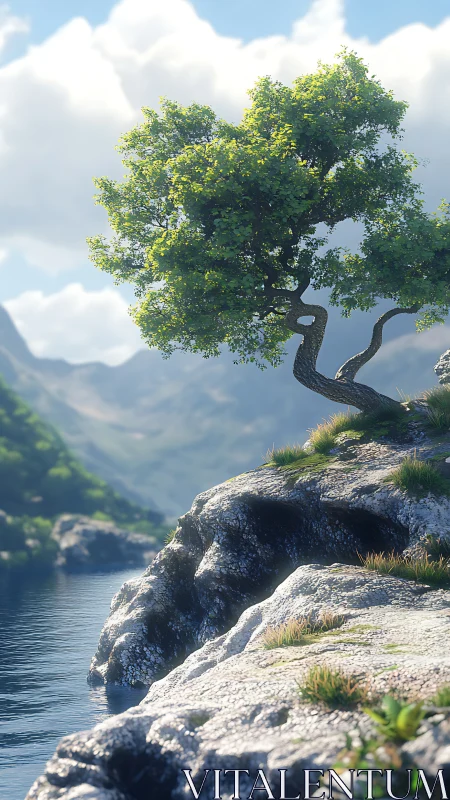 Lone green tree curves over rocky lakeside cliff in daylight