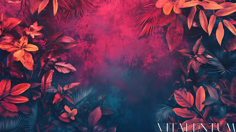 Neon tropical foliage frames vivid magenta gradient backdrop.