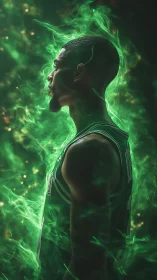 Side-lit basketball player engulfed in dynamic green energy haze