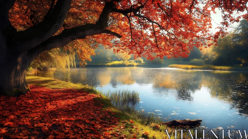 Golden autumn lake glows under fiery red tree branches