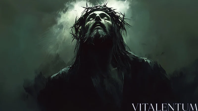 Crowned figure in chiaroscuro haze under directional halo light.