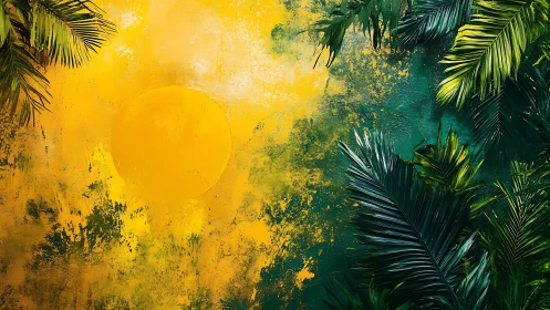 Digital tropical sunfield with lush palm frond framing composition.