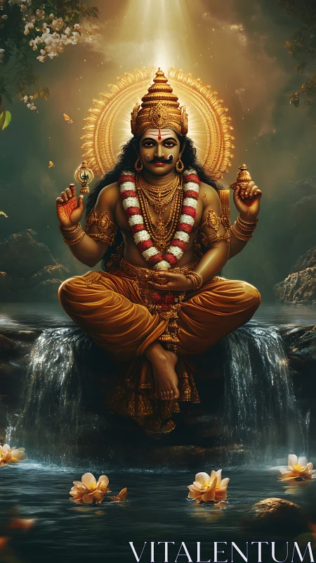 Divine four-armed deity on waterfall lotus pool, golden aura