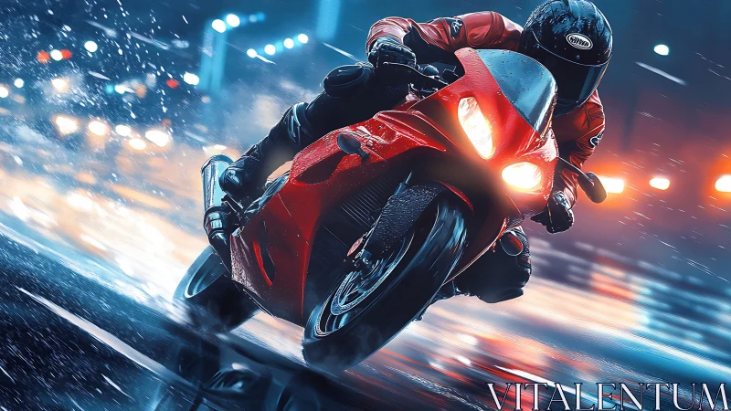 Red thunderbike slices through neon rain and midnight streets.