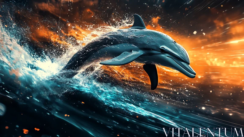 Dynamic digital painting of dolphin in explosive seascape.