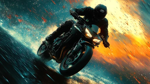 Motorcyclist riding at speed on wet road at sunset.