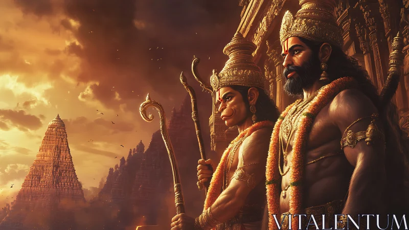 Temple guardians in golden dusk over mythic sandstone citadel.