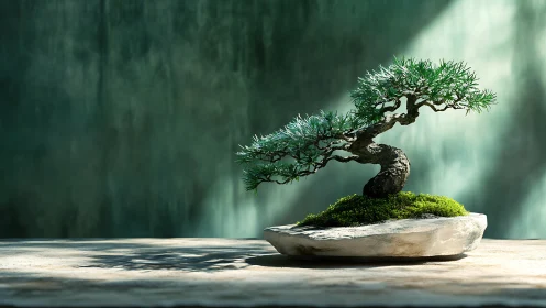 Minimalist bonsai composition in shallow stone planter under light.