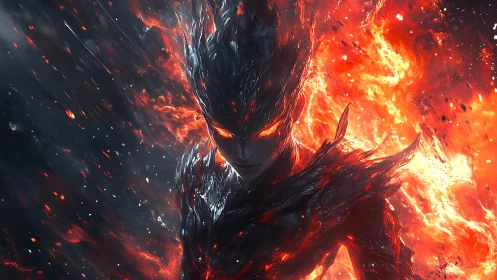 Flameborn guardian emerging from swirling molten firestorm.