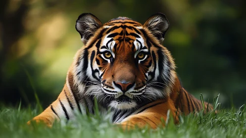 Calm tiger resting in lush grass with a steady golden gaze.