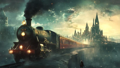 Steam train approaches glowing fantasy castle at dusk.
