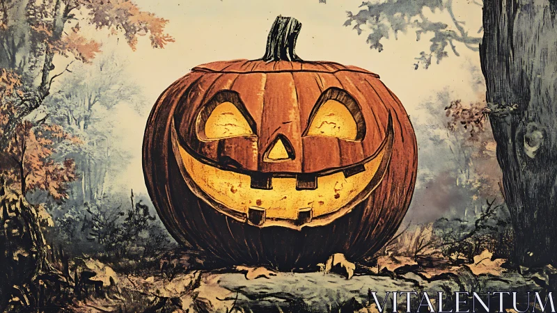 Smiling Jack O’Lantern Glowing Bright in a Quiet Forest.
