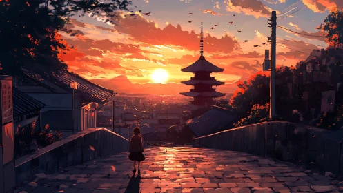 Anime sunset street with pagoda and cinematic perspective.