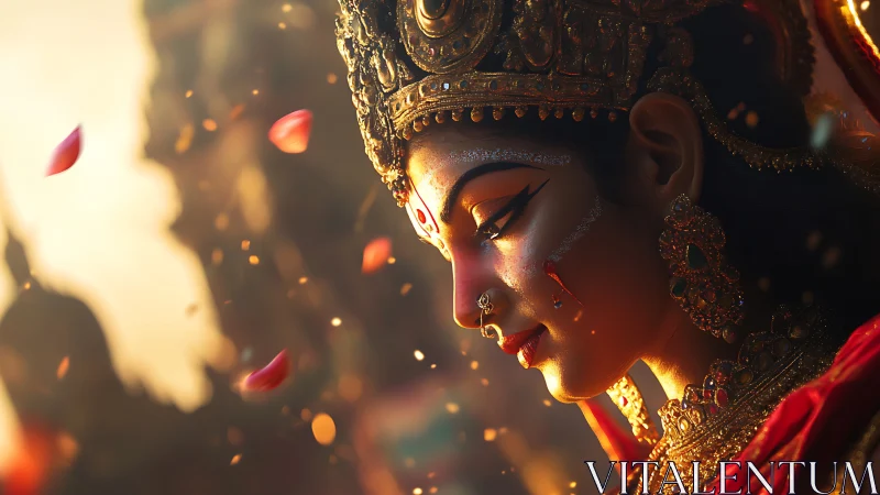 Divine goddess profile in golden ritual light.