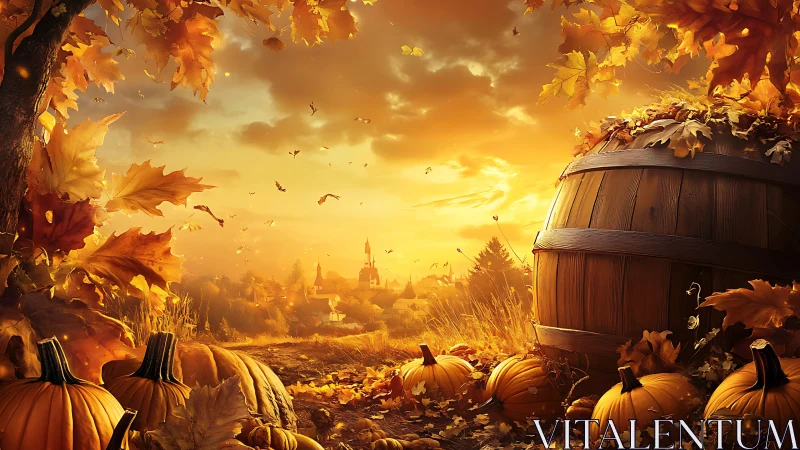 Golden autumn pumpkins by barrel over glowing village valley.