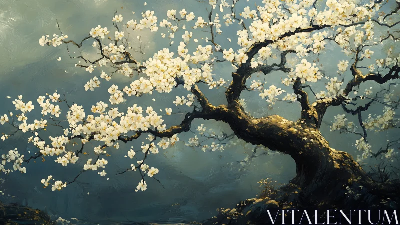 Gnarled cherry tree in bloom against cool misty background