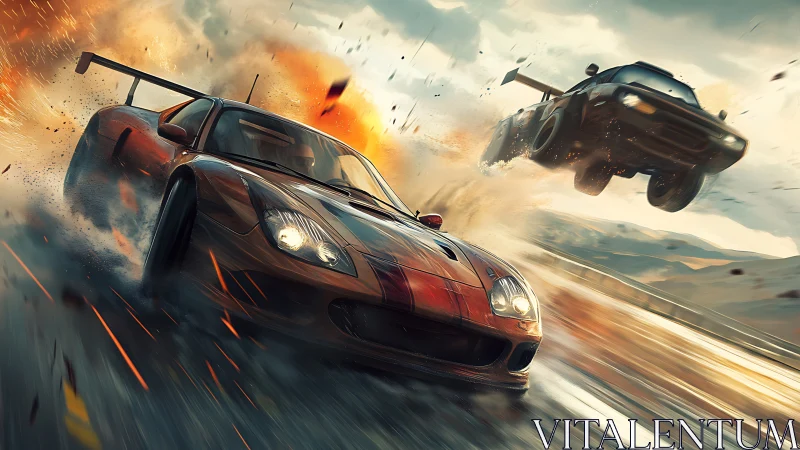 High-speed racing duel with airborne muscle car and explosion