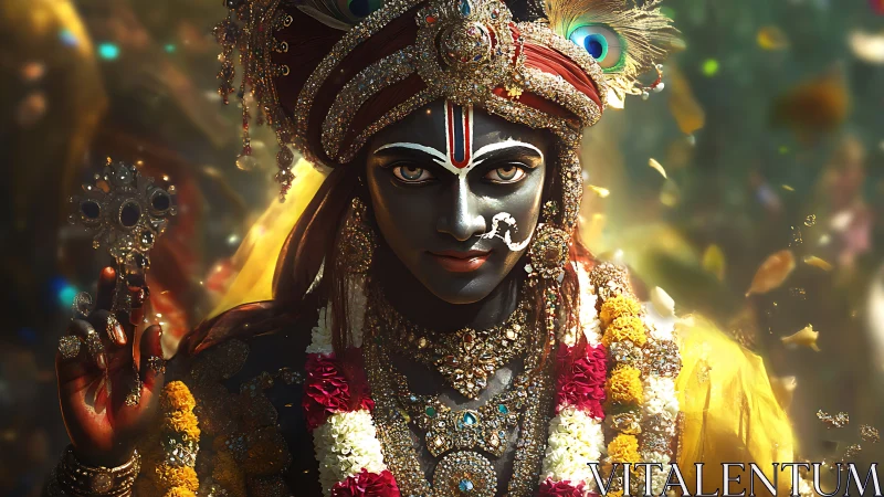 Divine figure gazes forward amid vibrant sacred blossoms