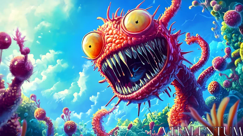 Red alien sea monster with huge teeth in bright reef