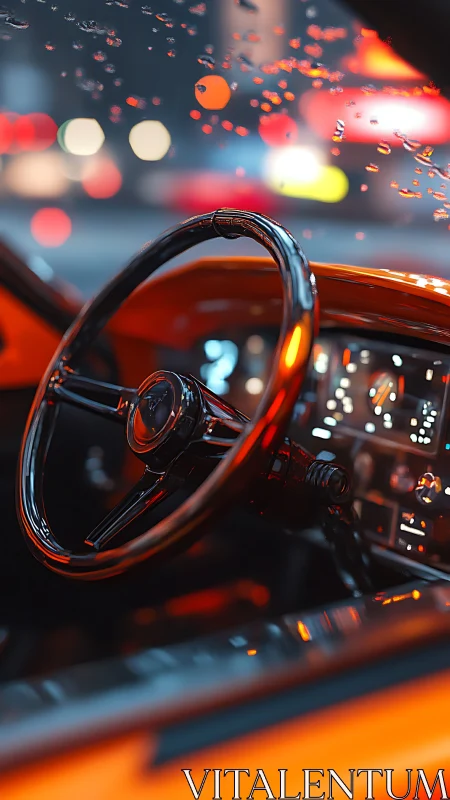 Retro sports car cockpit glows under neon city rain.