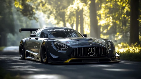 Low black Mercedes race car on sunlit forest road.