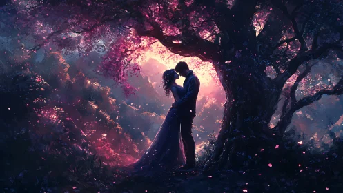 Silhouetted couple kissing beneath glowing pink blossoms in mystical forest tunnel.