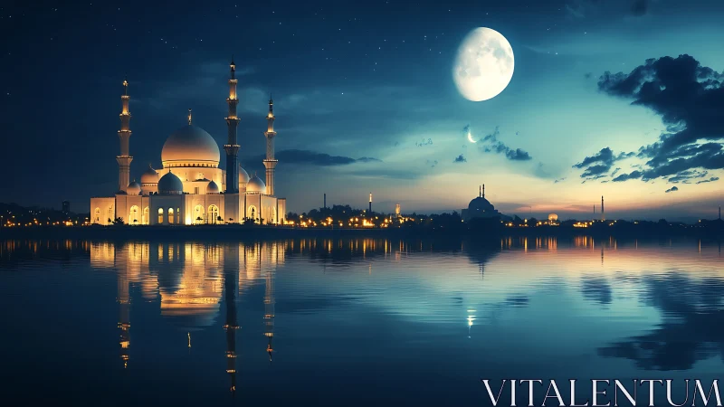 Moonlit lakeside mosque glowing under a tranquil sky.
