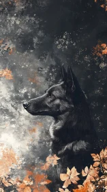 Autumn portrait of black shepherd against textured sky.