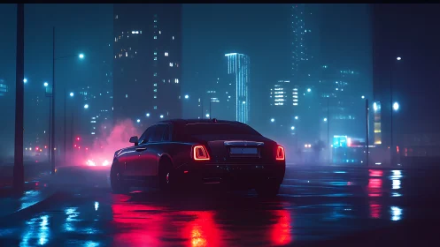 Midnight luxury sedan glides through neon-soaked city rain.