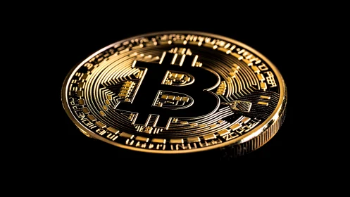 Macro closeup of gold-plated physical Bitcoin token on black