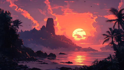 Sunlit tropical cove wrapped in glowing sunset magic.