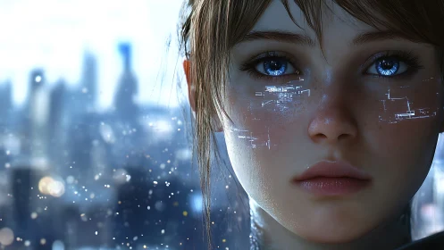 Cybernetic girl close up with glowing blue eyes in cityscape.