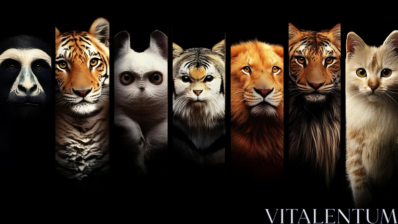 Seven wild felines arranged in vertical portrait panels against black