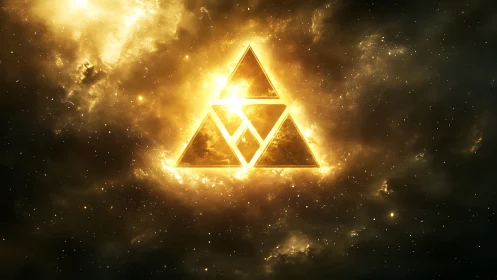Luminous golden triangles form a radiant nebular focal emblem