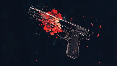 Handgun illustration intersecting with red floral burst.