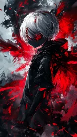 White haired antihero in blood red abstract storm.