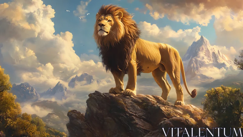 Regal male lion on rocky summit in luminous alpine landscape