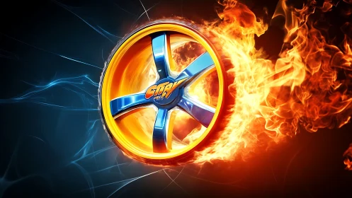 Wheel-like emblem rotates through stylized flames and sparks