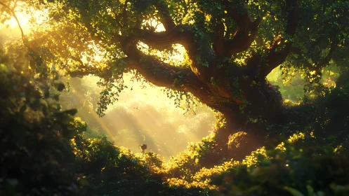 Sunlit giant whispers secrets to a tiny forest wanderer