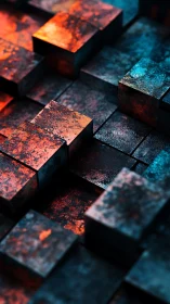 Rust-textured metal cubes in teal and ember light grid.