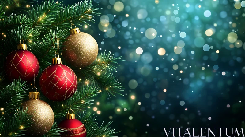 Christmas tree ornaments with festive glitter bokeh background.