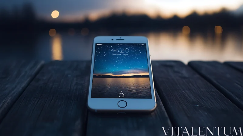 White smartphone on wooden dock with twilight water backdrop