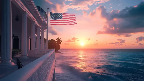 Sunlit veranda, ocean horizon, and flag in gentle motion.