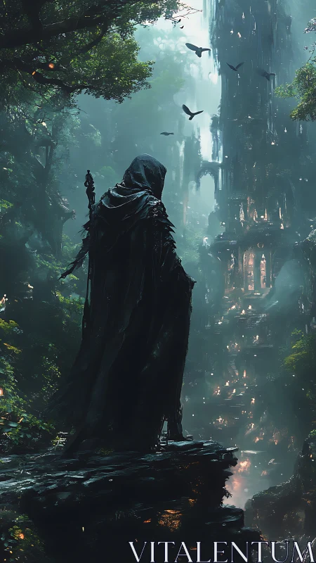 Hooded wanderer before towering forest citadel at dusk.