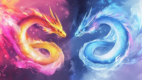 Elemental yin yang dragons in dual chromatic energy vortex