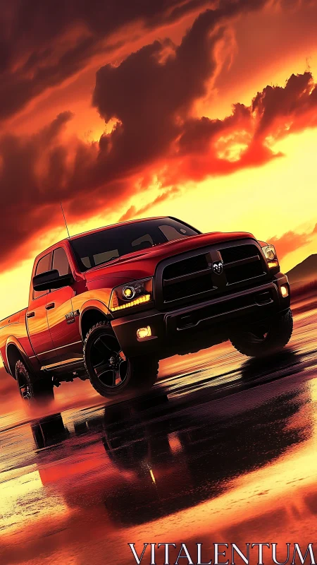 Sunset-lit red pickup truck on wet reflective asphalt surface